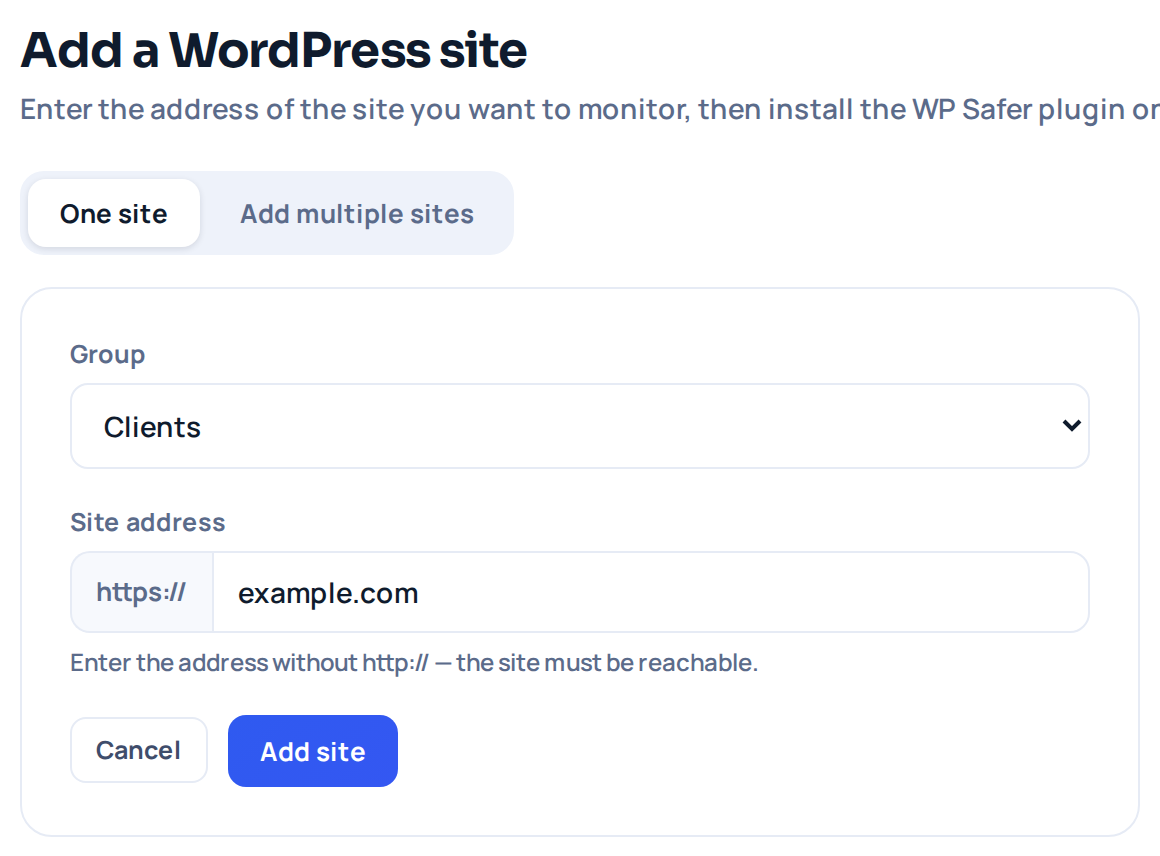 The Add a WordPress site form in the WP Safer dashboard: a Group select, a Site address field prefixed with https:// and the Add site button.