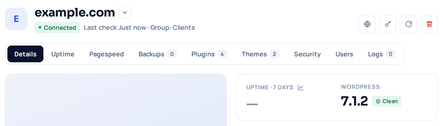 The site detail header after connecting: a green Connected badge, tab counters filled in for plugins and themes, and the WordPress version shown as up to date.
