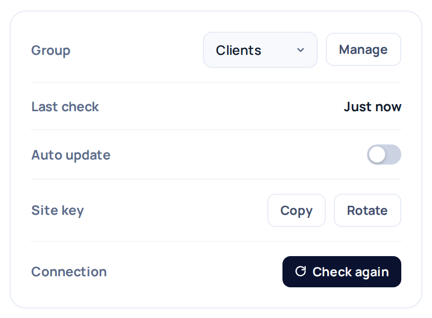 The site detail info card with Group, Last check, Auto update, a Site key row with Copy and Rotate buttons, and a Connection row with a Check again button.