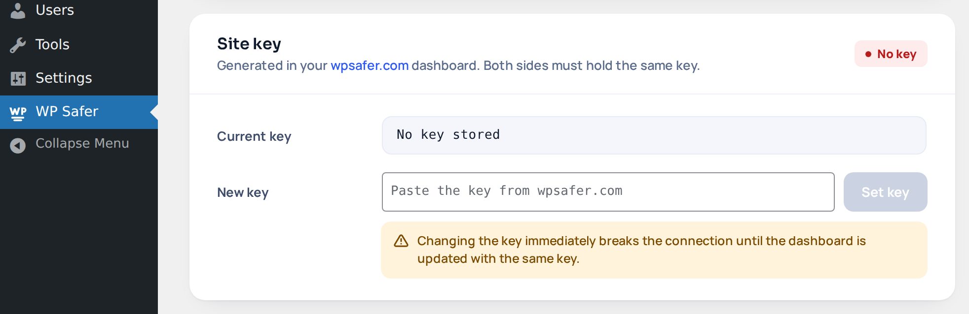 The WP Safer page in wp-admin: the Site key card showing "No key stored", a New key field and the Set key button; the WP Safer item is highlighted in the sidebar menu.