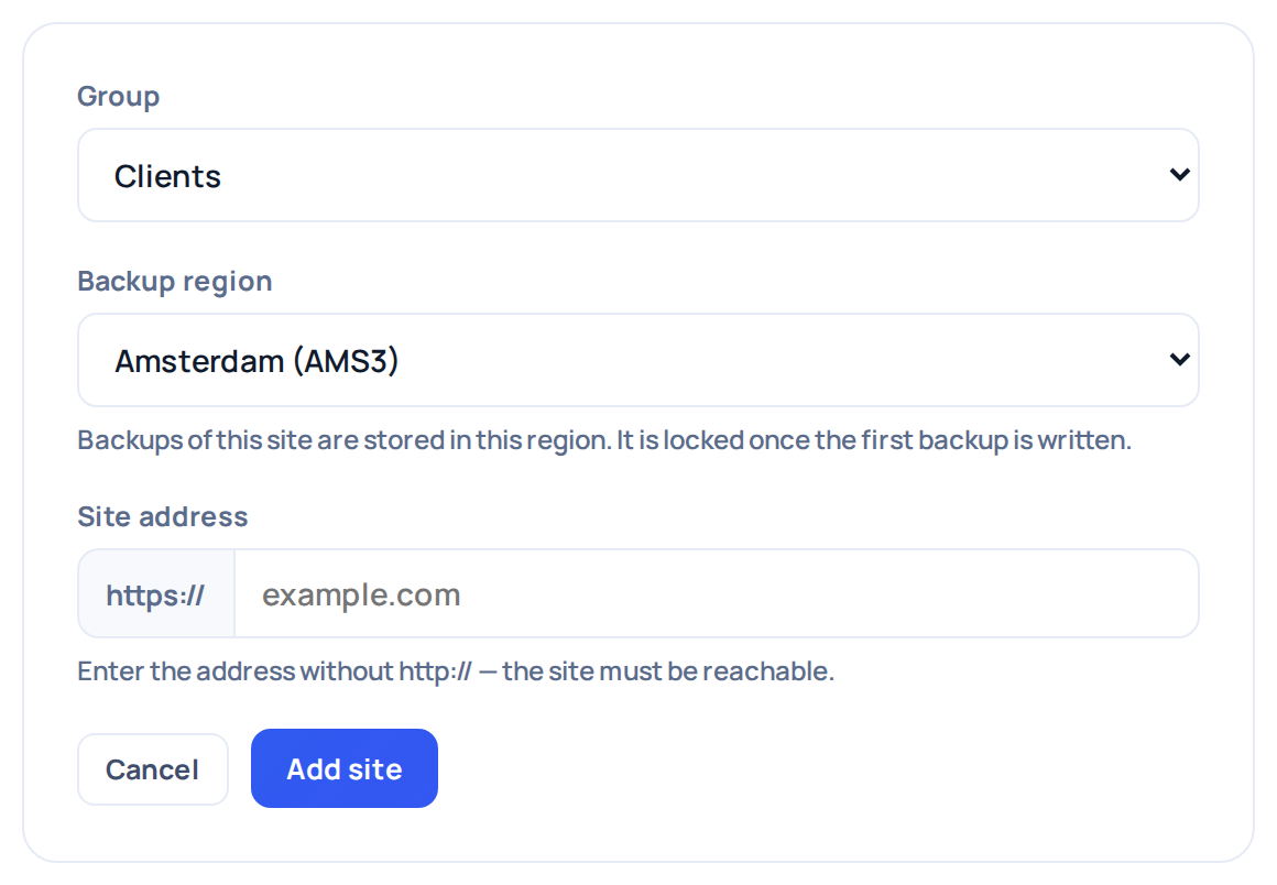 The Add site form with the Backup region field above the site address, showing Amsterdam (AMS3) selected.