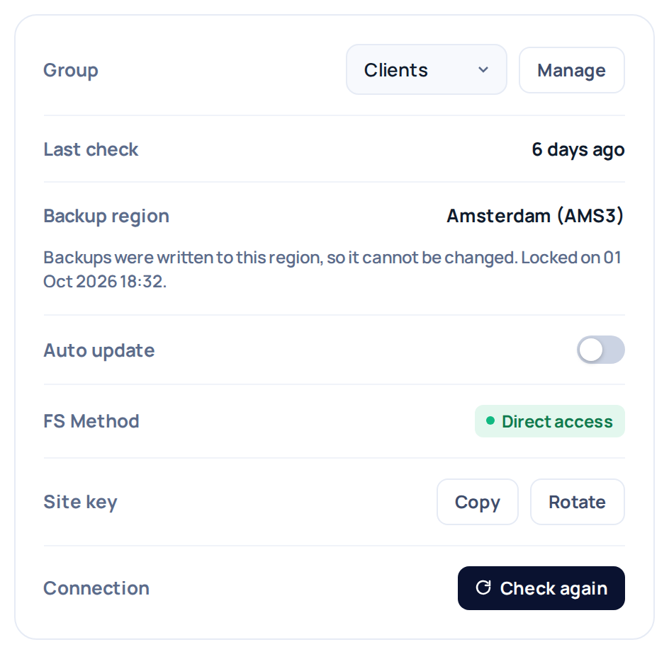 Site details card with a locked Backup region row: the region is plain text and a note says backups were written to this region.