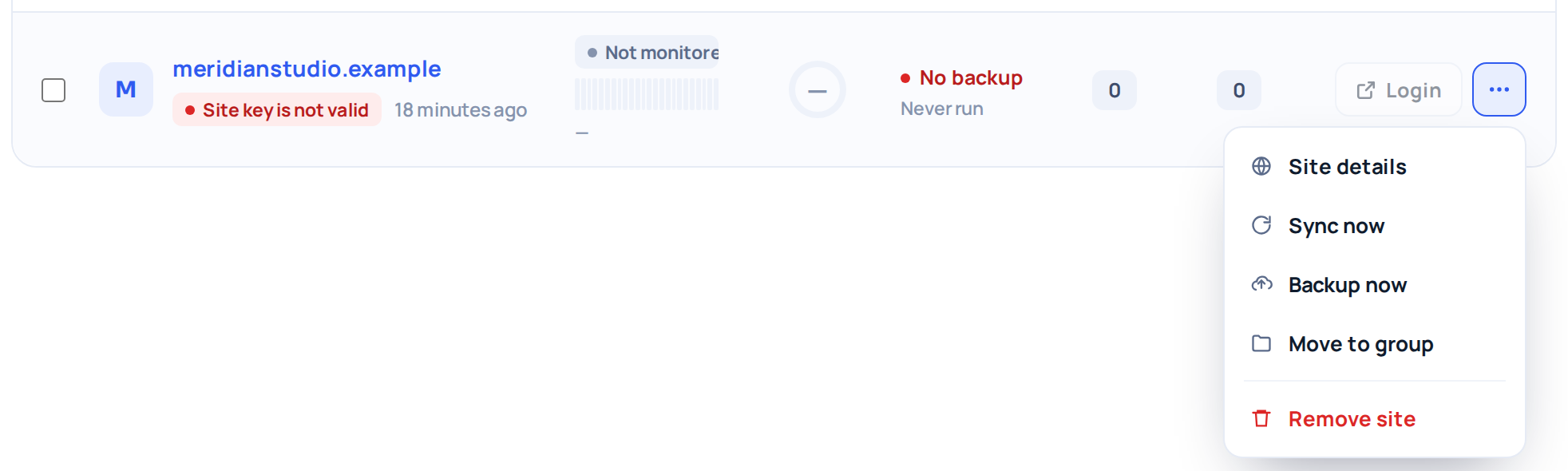A site row in the WP Safer dashboard showing the status badge &ldquo;Site key is not valid&rdquo;, with the row menu open on Sync now.