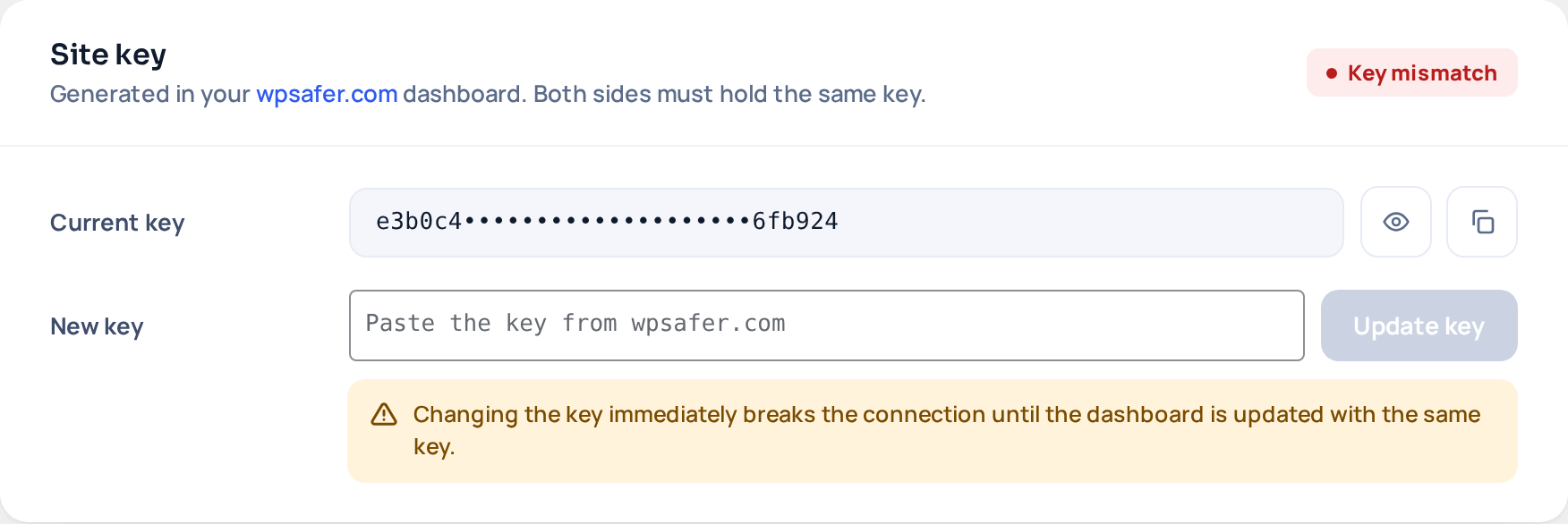 The Site key card on the WP Safer screen in wp-admin: the masked current key with reveal and copy buttons, and a New key field with an Update key button.