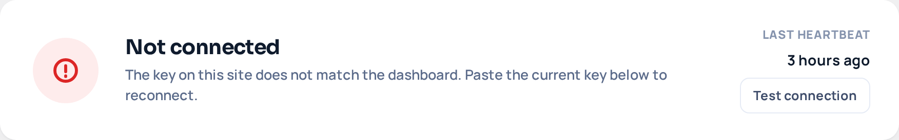 The WP Safer card in wp-admin reading &ldquo;Not connected &mdash; the key on this site does not match the dashboard&rdquo;, with the last heartbeat and a Test connection button.