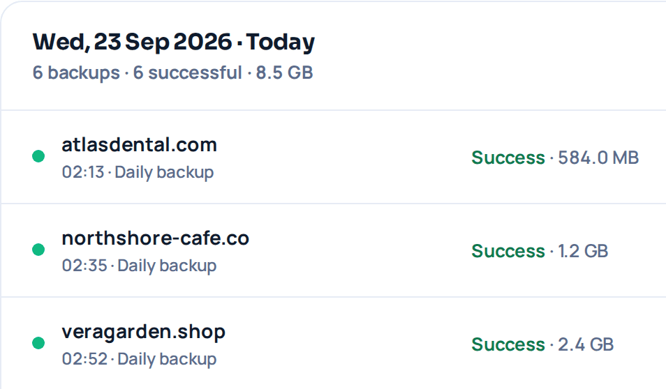 The WP Safer panel backup list for today: the time each site was backed up, the result and the archive size.