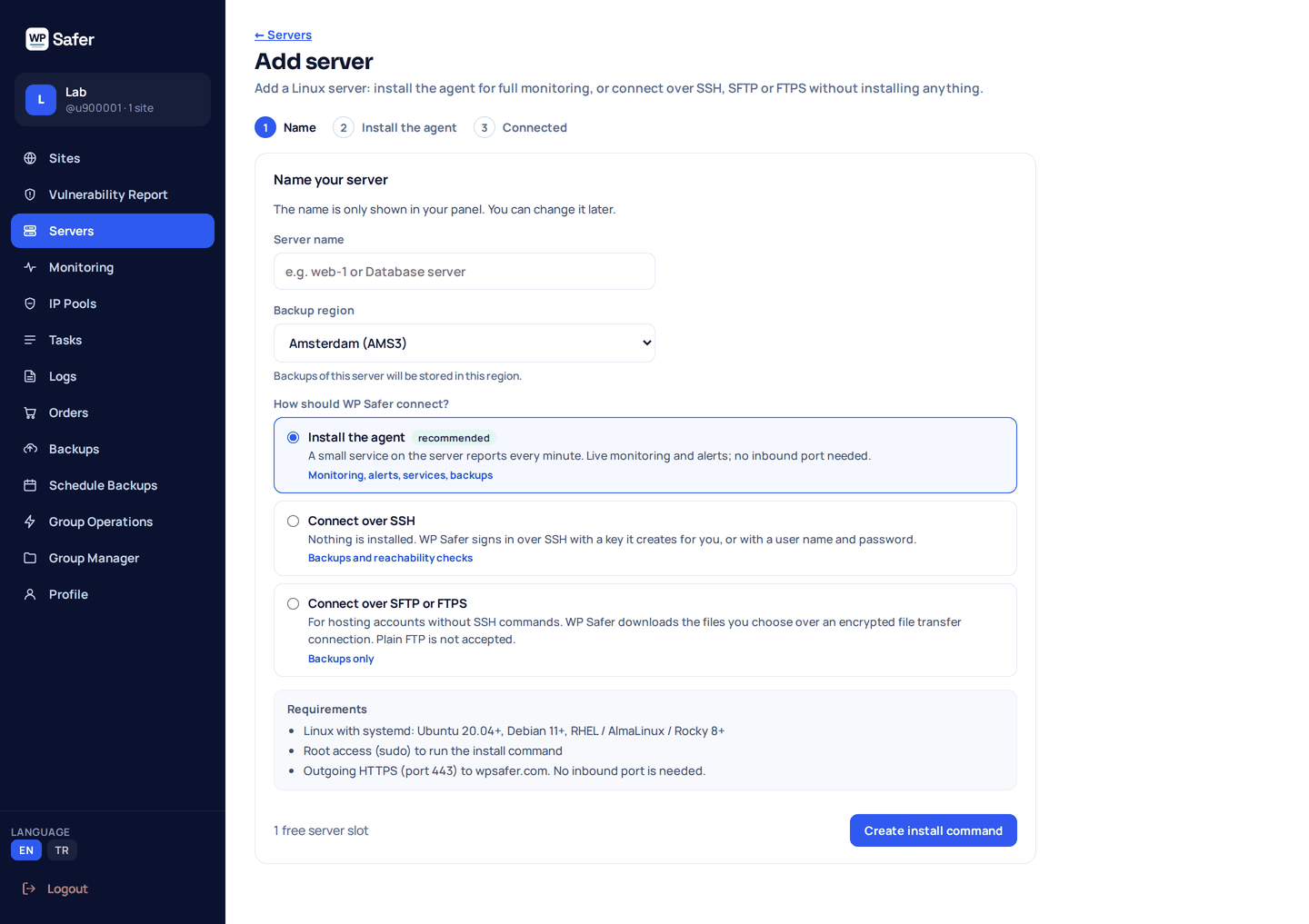 The Add server screen in WP Safer: a server name, the backup region, and the choice between installing the agent, connecting over SSH, or connecting over SFTP or FTPS.
