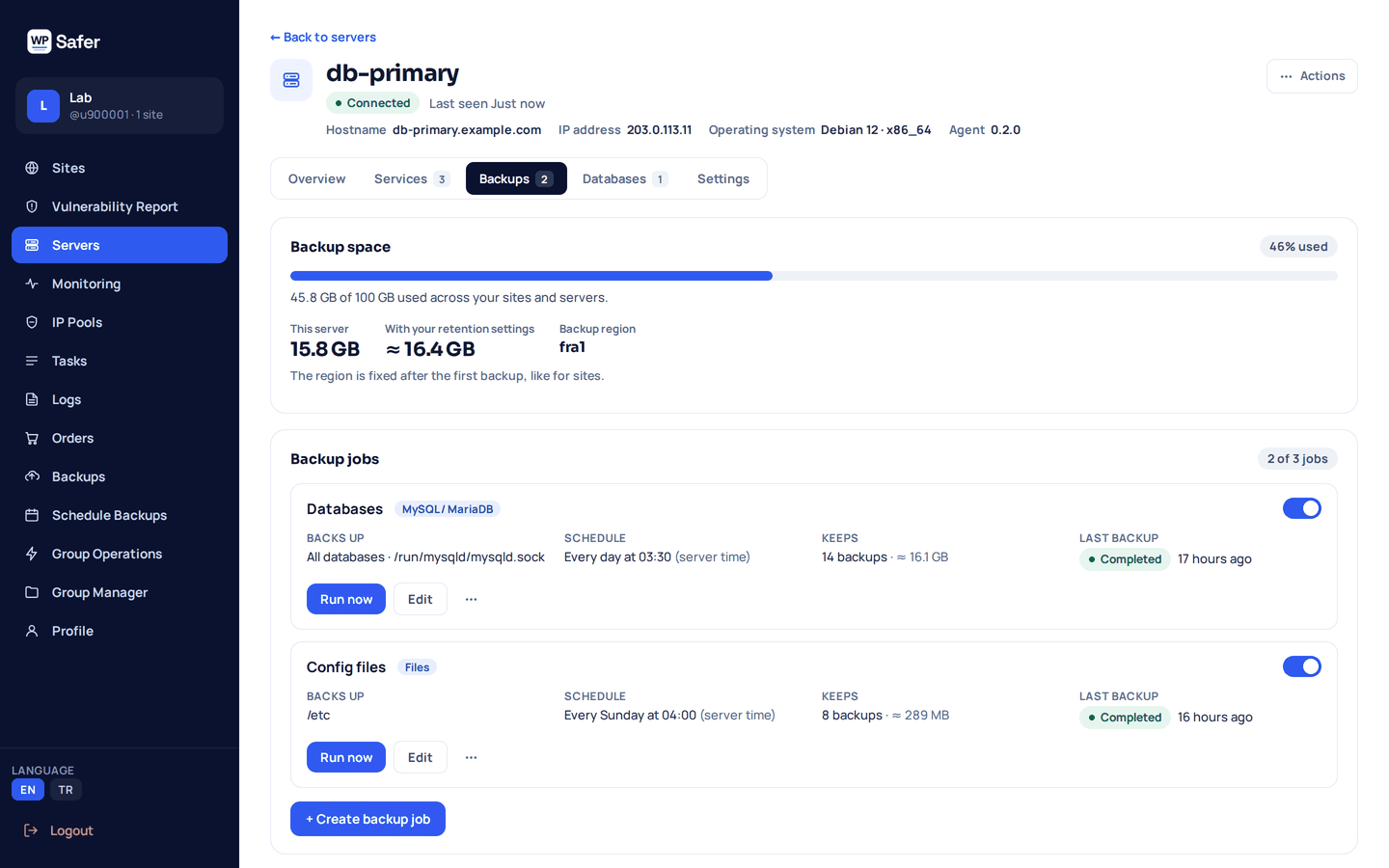 The Backups tab of a server: backup space used, and two backup jobs — all MariaDB databases every day and the /etc folder every Sunday — each with its schedule, retention and last successful run.