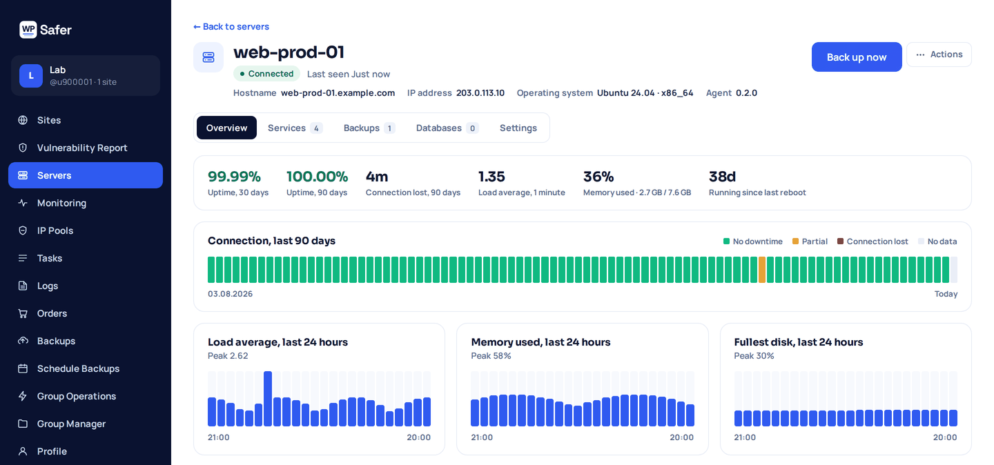 A server overview in WP Safer: 99.99% uptime over 30 days, a 90-day connection strip, the load average, memory used and time since the last reboot, and 24-hour charts for load, memory and the fullest disk.