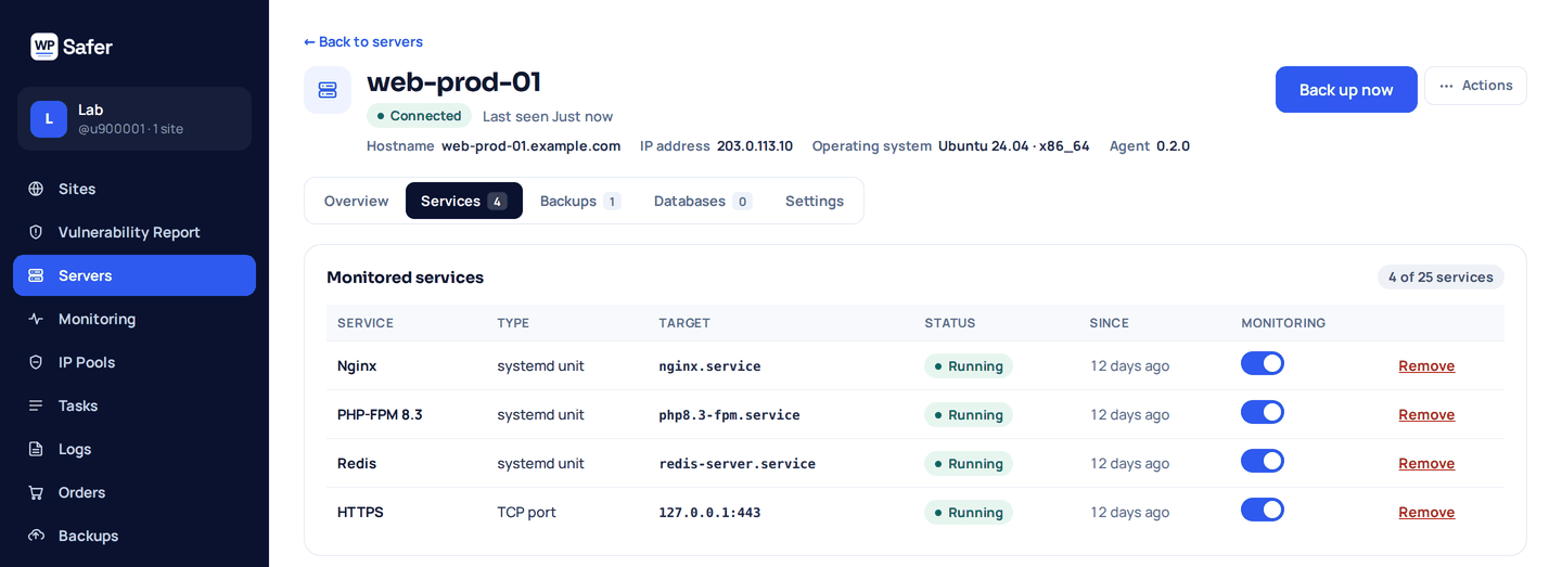 The Services tab of a server: Nginx, PHP-FPM, Redis and the HTTPS port, each shown as running, with how long it has been in that state.