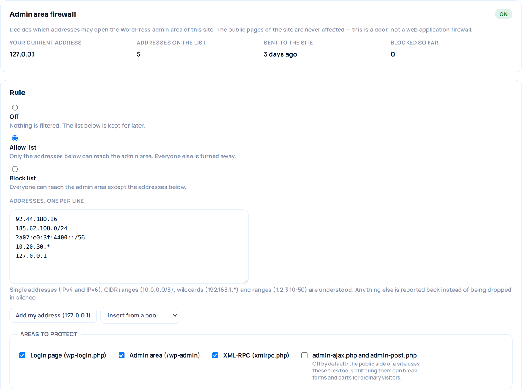 The security tab for one site: the firewall is on, your current address, how many addresses are on the list, when it was last sent to the site, the allow or block rule, the address list with IPv4, IPv6, CIDR and wildcard entries, and the areas being protected.