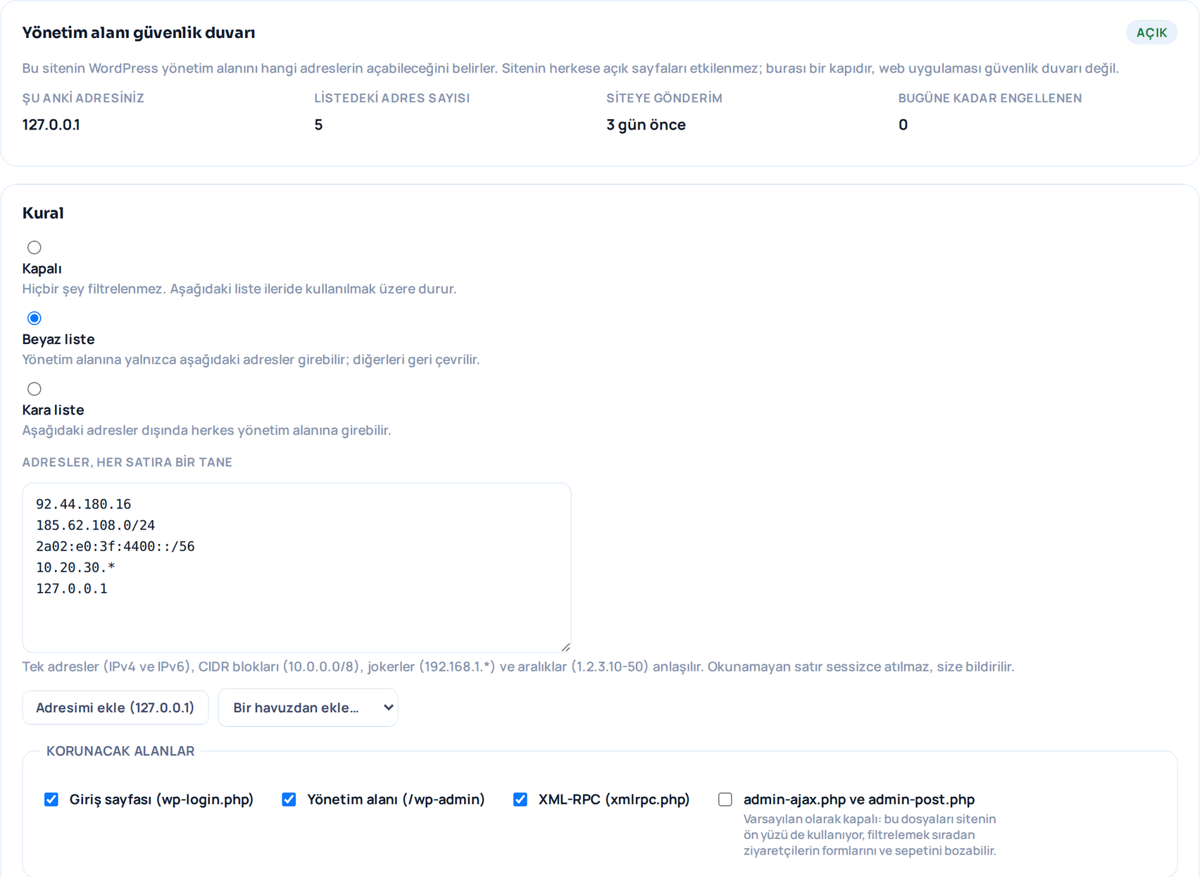 Tek bir sitenin güvenlik sekmesi: güvenlik duvarı açık, o anki adresiniz, listedeki adres sayısı, siteye en son ne zaman gönderildiği, izin/engel kuralı, IPv4, IPv6, CIDR ve joker girdileriyle adres listesi ve korunan alanlar.