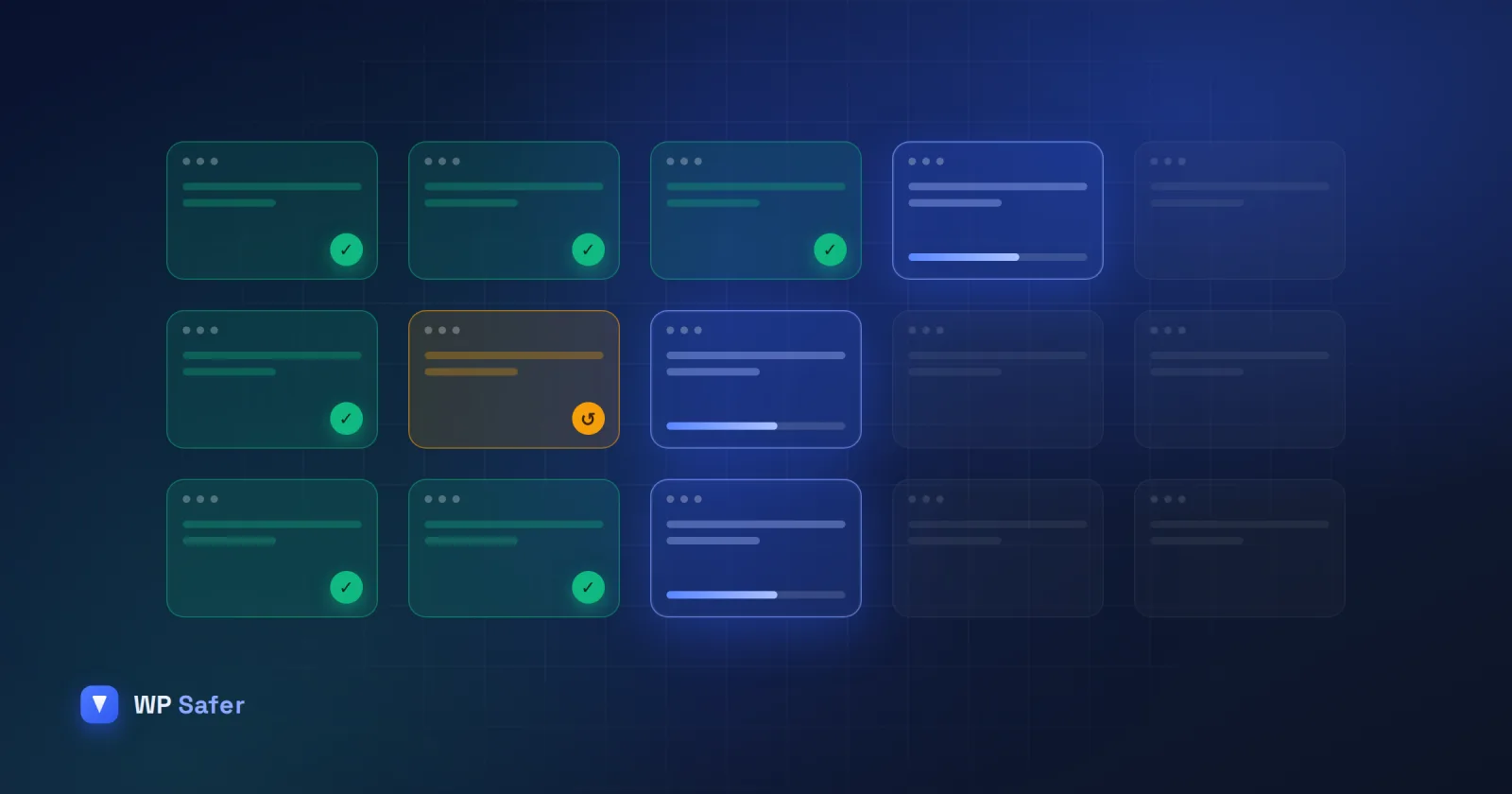 Grid of site cards being updated in bulk from one panel: finished ones green, running ones blue, one rolled back
