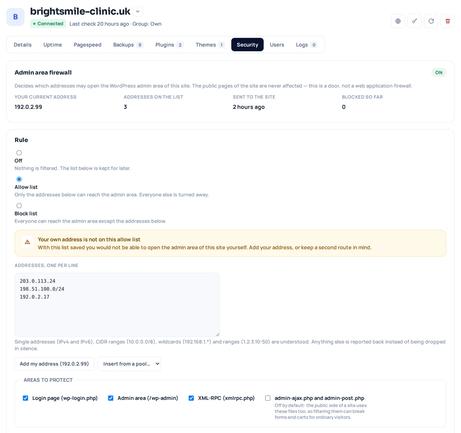 The Security tab of a site: the admin area firewall switched on, an allow list of three address ranges, and the protected surfaces wp-login.php, /wp-admin and XML-RPC.
