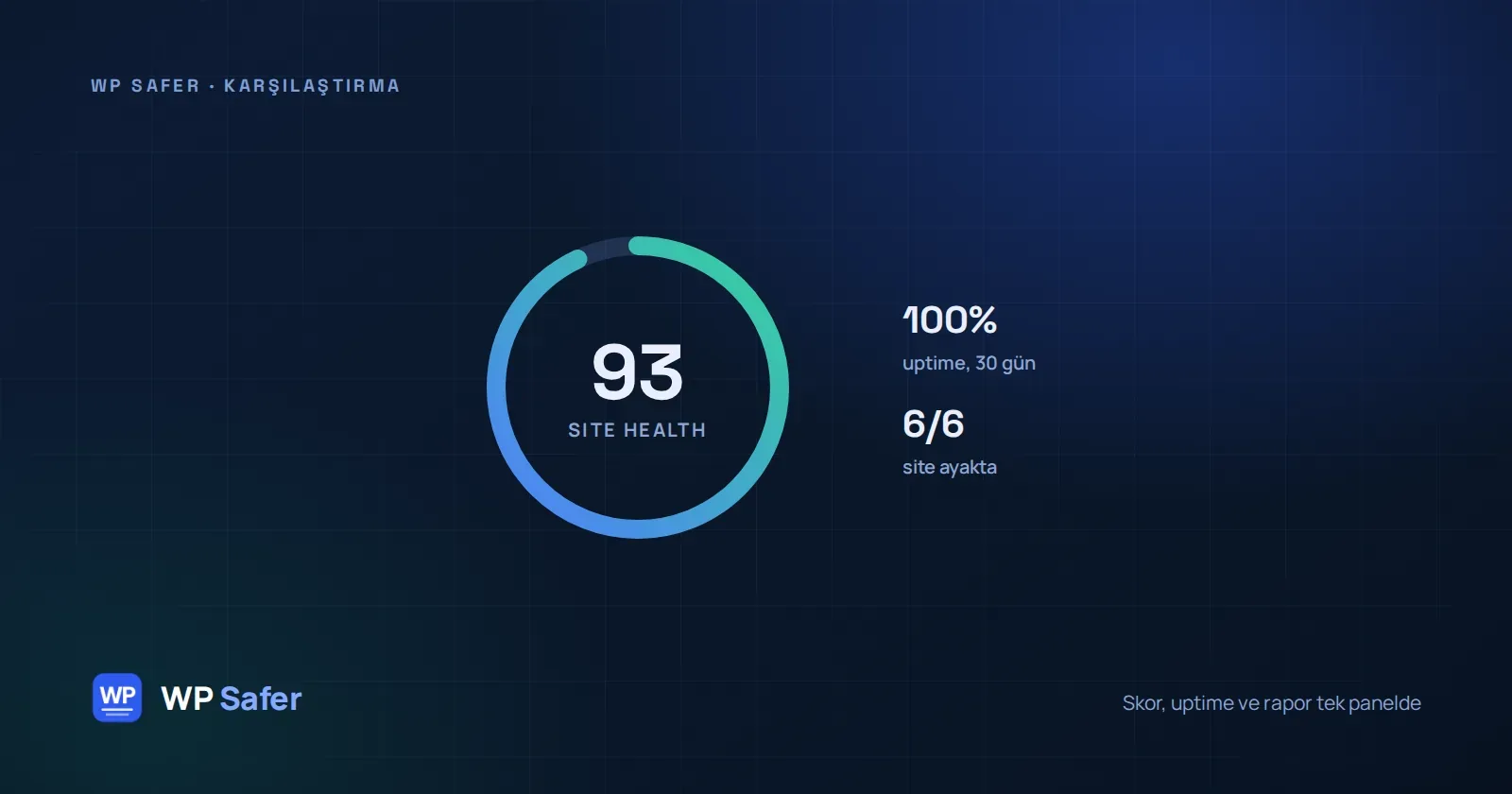 93 gösteren bir Site Health kadranının yanında 30 günlük %100 uptime ve altı siteden altısının ayakta olduğu bilgisi.