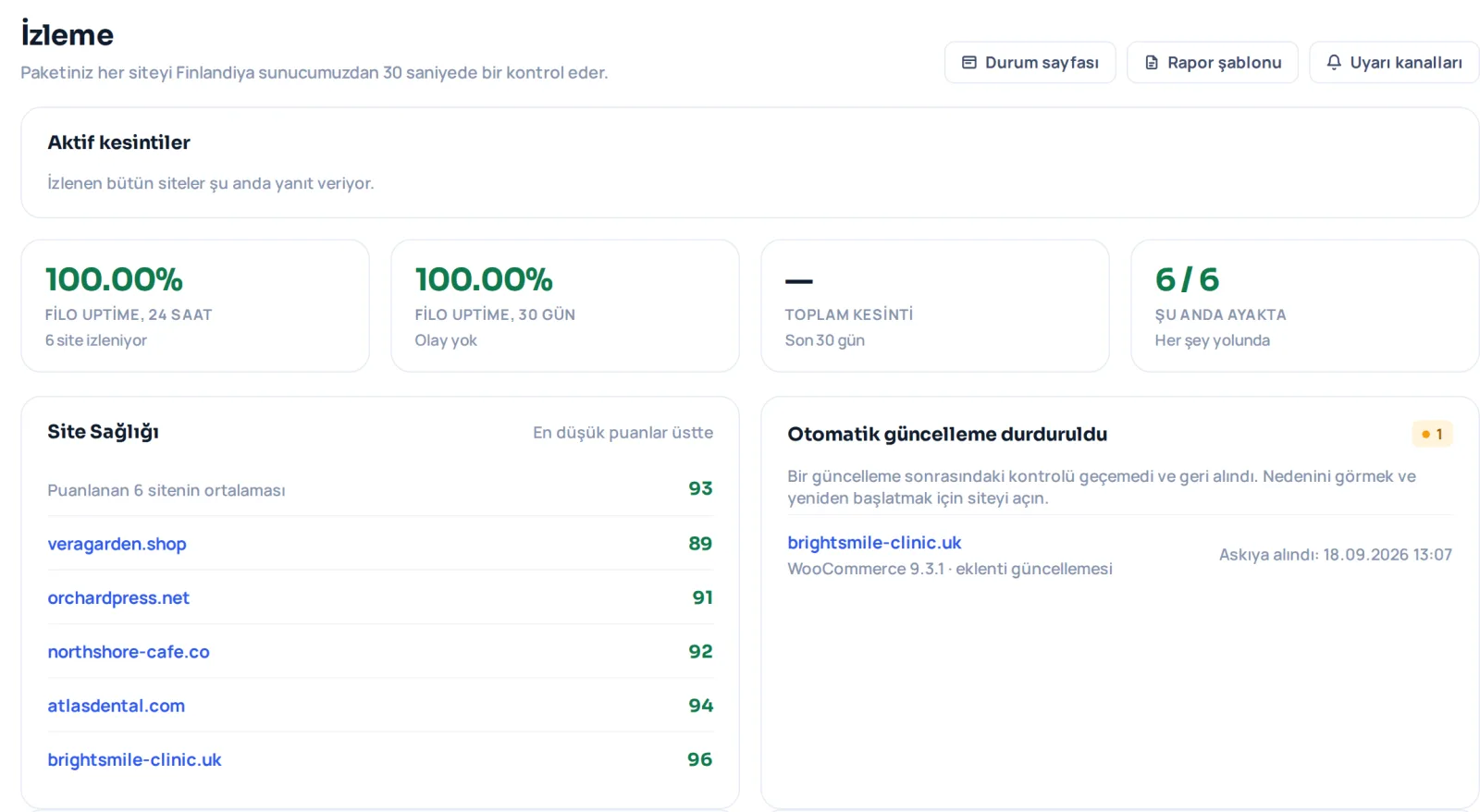 WP Safer izleme paneli: 24 saat ve 30 gunluk filo uptime %100, alti siteden altisi ayakta ve her site icin bir Site Health skoru.