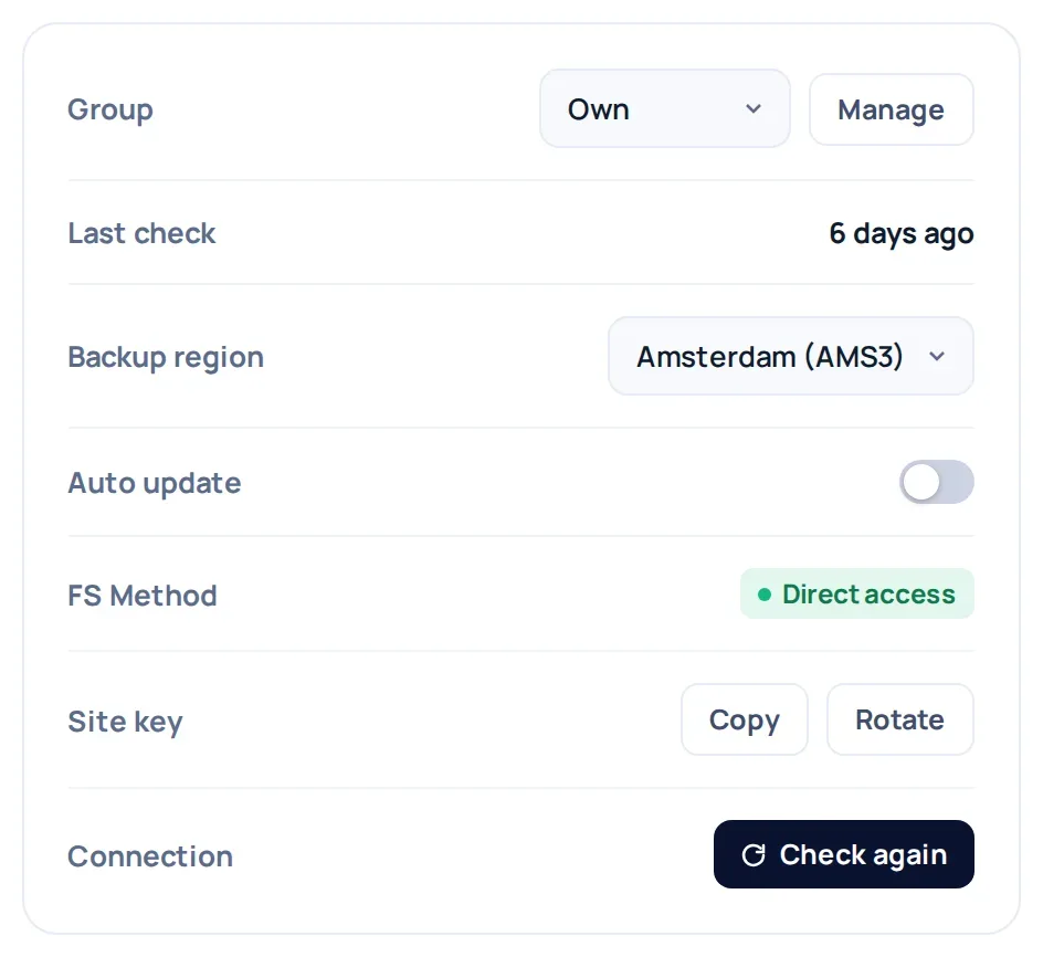 A site detail page in the WP Safer panel showing the Backup region row before the first backup, still editable