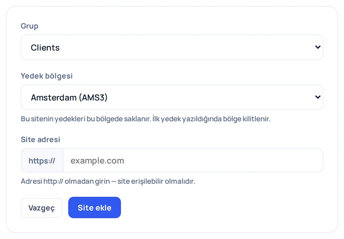 WP Safer panelinde Site ekle formu; Yedekleme bölgesi listesinde Amsterdam (AMS3) seçili