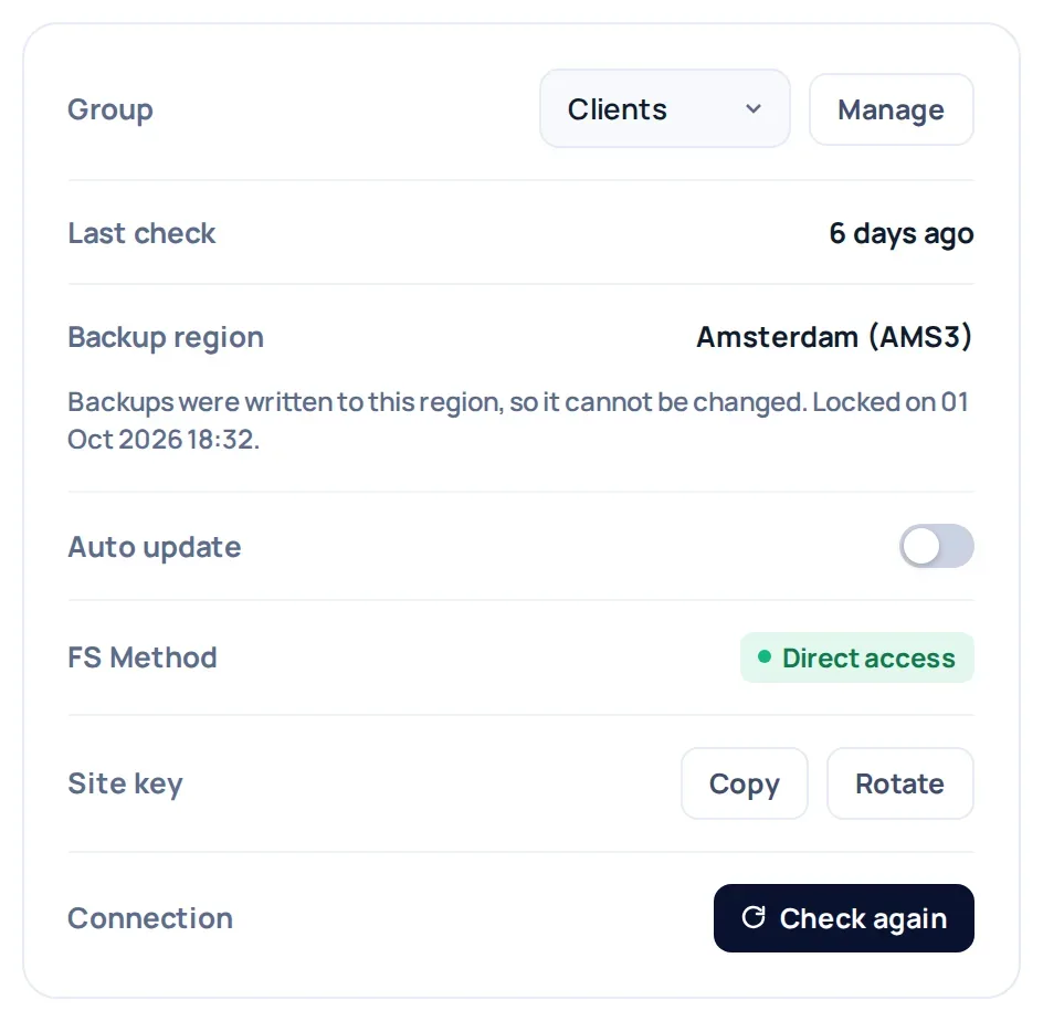 A site detail page in the WP Safer panel showing the Backup region locked to Amsterdam (AMS3) after the first backup